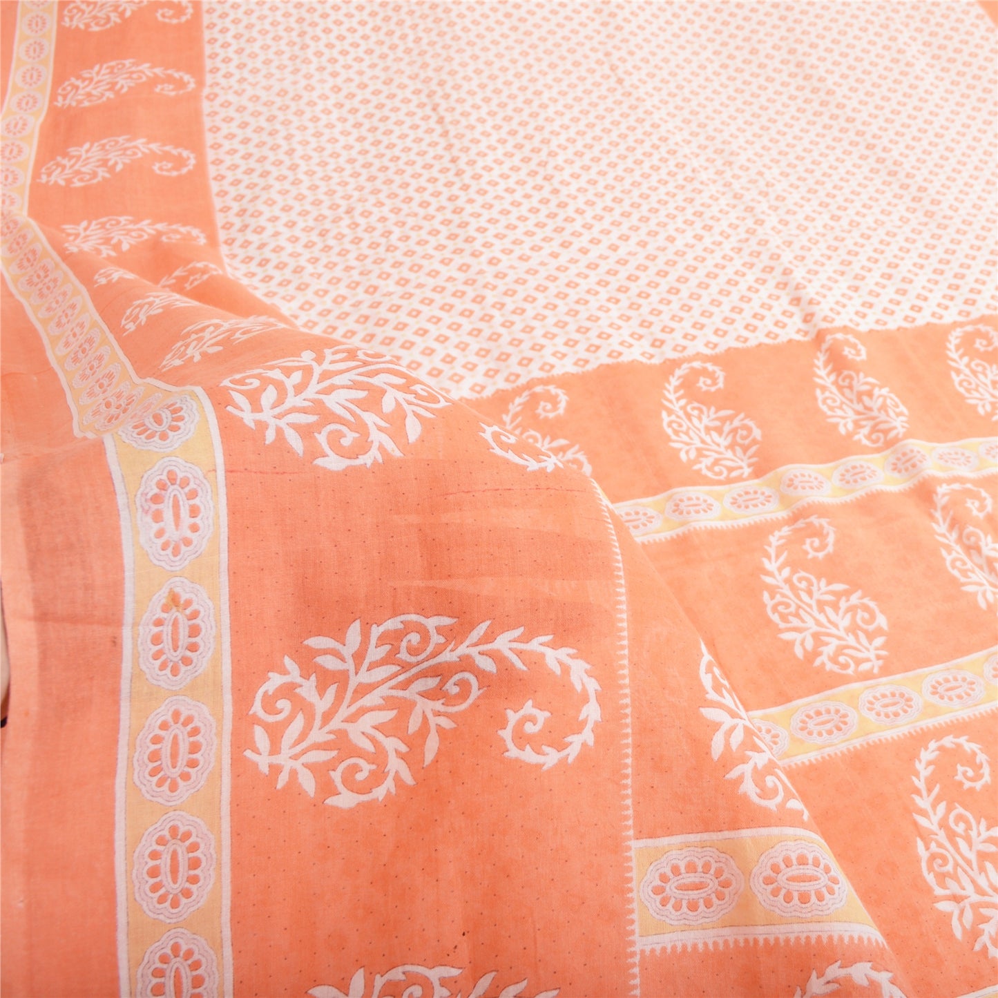 Sanskriti Vintage Saree Ivory & Peach 100% Pure Cotton 5 Yard Saree Block Geometric Paisley Printed Sari Craft Fabric Supplies Home Decor