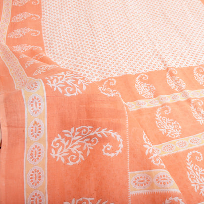 Sanskriti Vintage Saree Ivory & Peach 100% Pure Cotton 5 Yard Saree Block Geometric Paisley Printed Sari Craft Fabric Supplies Home Decor