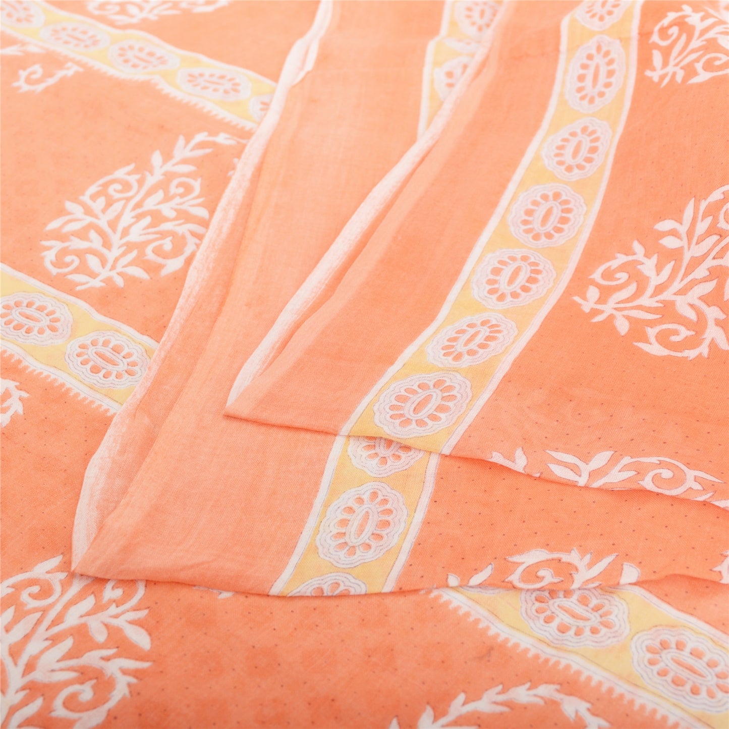 Sanskriti Vintage Saree Ivory & Peach 100% Pure Cotton 5 Yard Saree Block Geometric Paisley Printed Sari Craft Fabric Supplies Home Decor