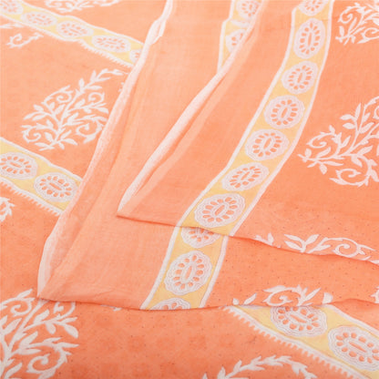 Sanskriti Vintage Saree Ivory & Peach 100% Pure Cotton 5 Yard Saree Block Geometric Paisley Printed Sari Craft Fabric Supplies Home Decor