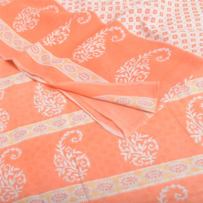Sanskriti Vintage Saree Ivory & Peach 100% Pure Cotton 5 Yard Saree Block Geometric Paisley Printed Sari Craft Fabric Supplies Home Decor