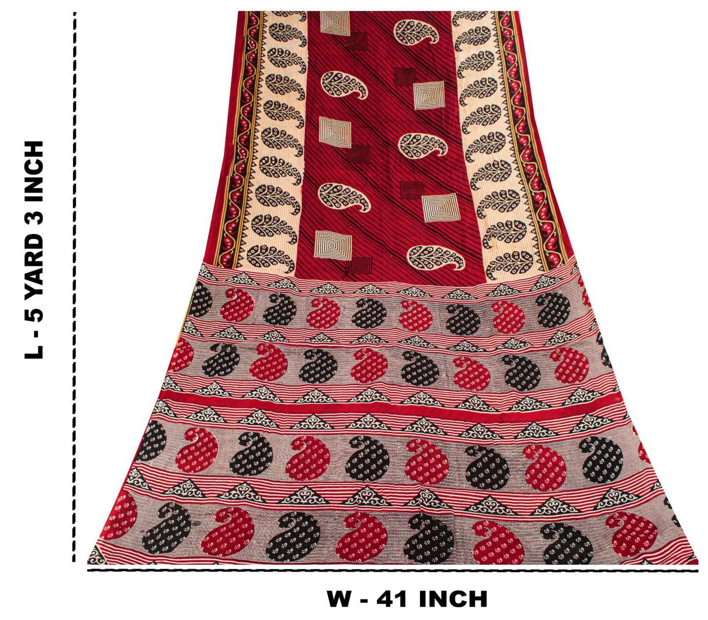 Sanskriti Vintage Saree Red Pure Cotton Paisley Printed Craft Fabric 5+Yard Sari