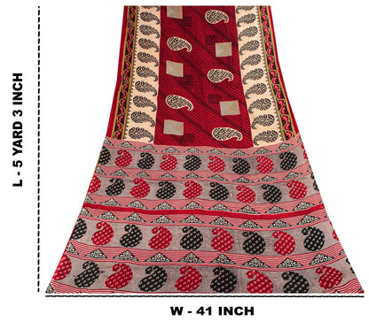 Sanskriti Vintage Saree Red Pure Cotton Paisley Printed Craft Fabric 5+Yard Sari