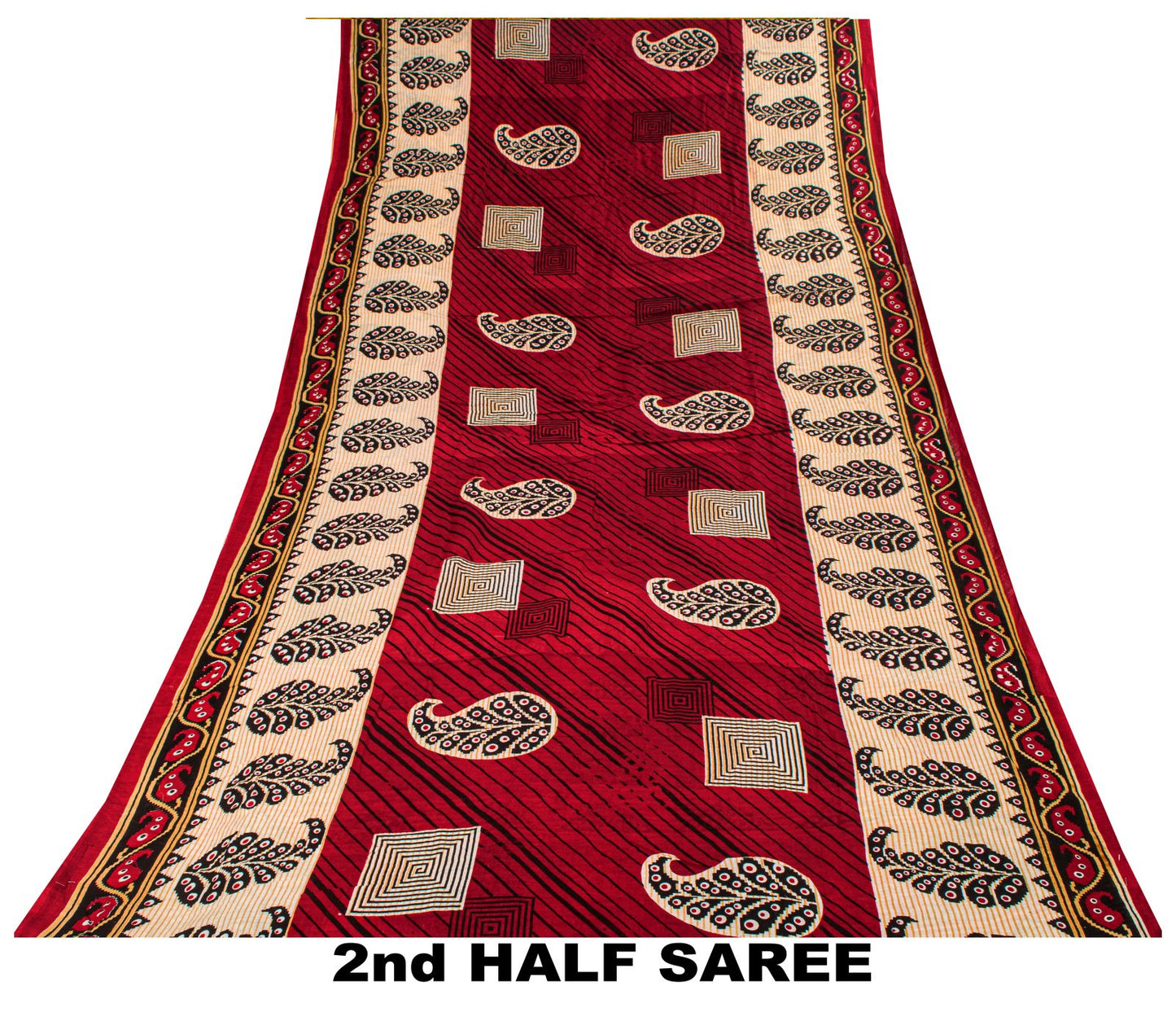 Sanskriti Vintage Saree Red Pure Cotton Paisley Printed Craft Fabric 5+Yard Sari