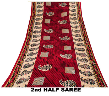 Sanskriti Vintage Saree Red Pure Cotton Paisley Printed Craft Fabric 5+Yard Sari