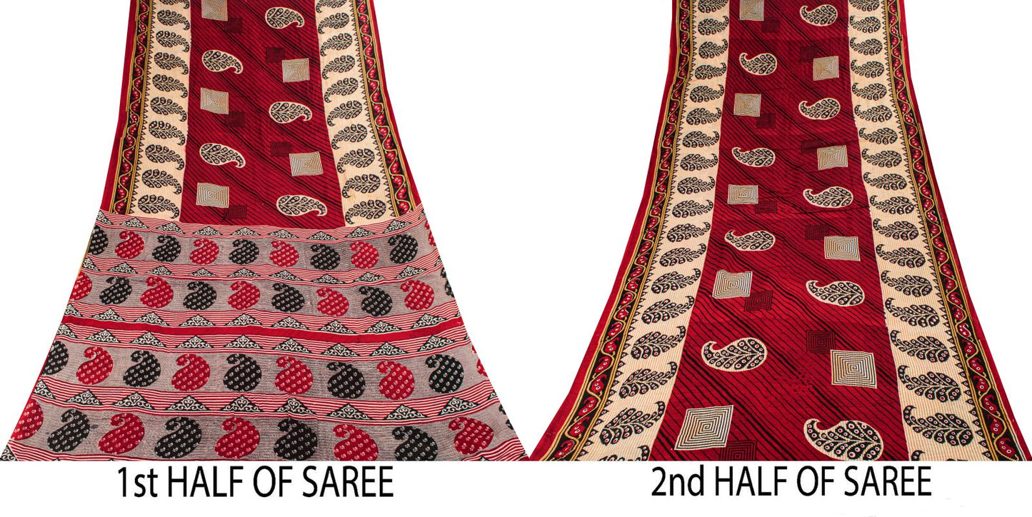 Sanskriti Vintage Saree Red Pure Cotton Paisley Printed Craft Fabric 5+Yard Sari