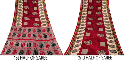Sanskriti Vintage Saree Red Pure Cotton Paisley Printed Craft Fabric 5+Yard Sari