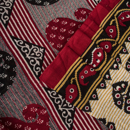 Sanskriti Vintage Saree Red Pure Cotton Paisley Printed Craft Fabric 5+Yard Sari