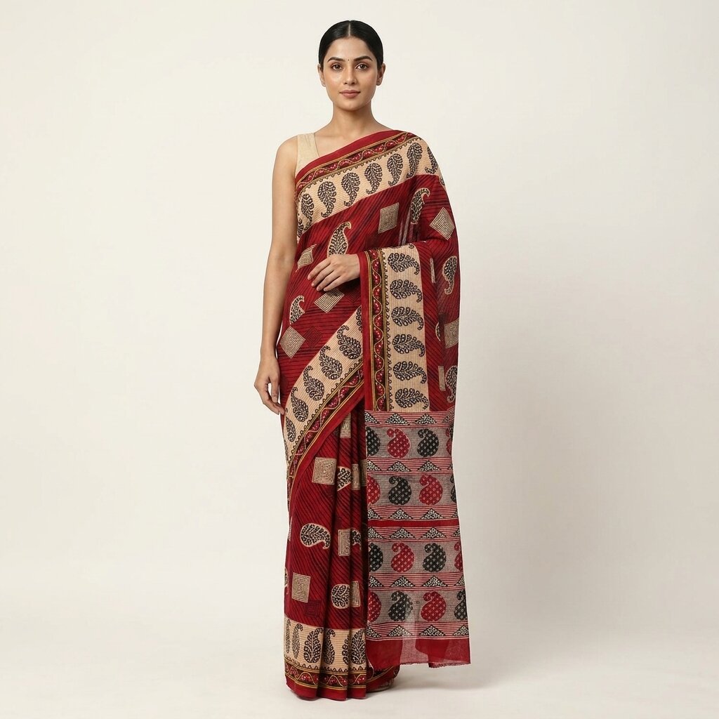 Sanskriti Vintage Saree Red Pure Cotton Paisley Printed Craft Fabric 5+Yard Sari
