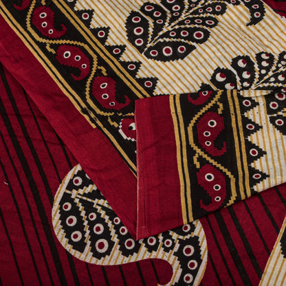 Sanskriti Vintage Saree Red Pure Cotton Paisley Printed Craft Fabric 5+Yard Sari