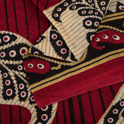 Sanskriti Vintage Saree Red Pure Cotton Paisley Printed Craft Fabric 5+Yard Sari