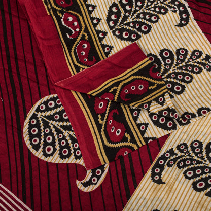 Sanskriti Vintage Saree Red Pure Cotton Paisley Printed Craft Fabric 5+Yard Sari