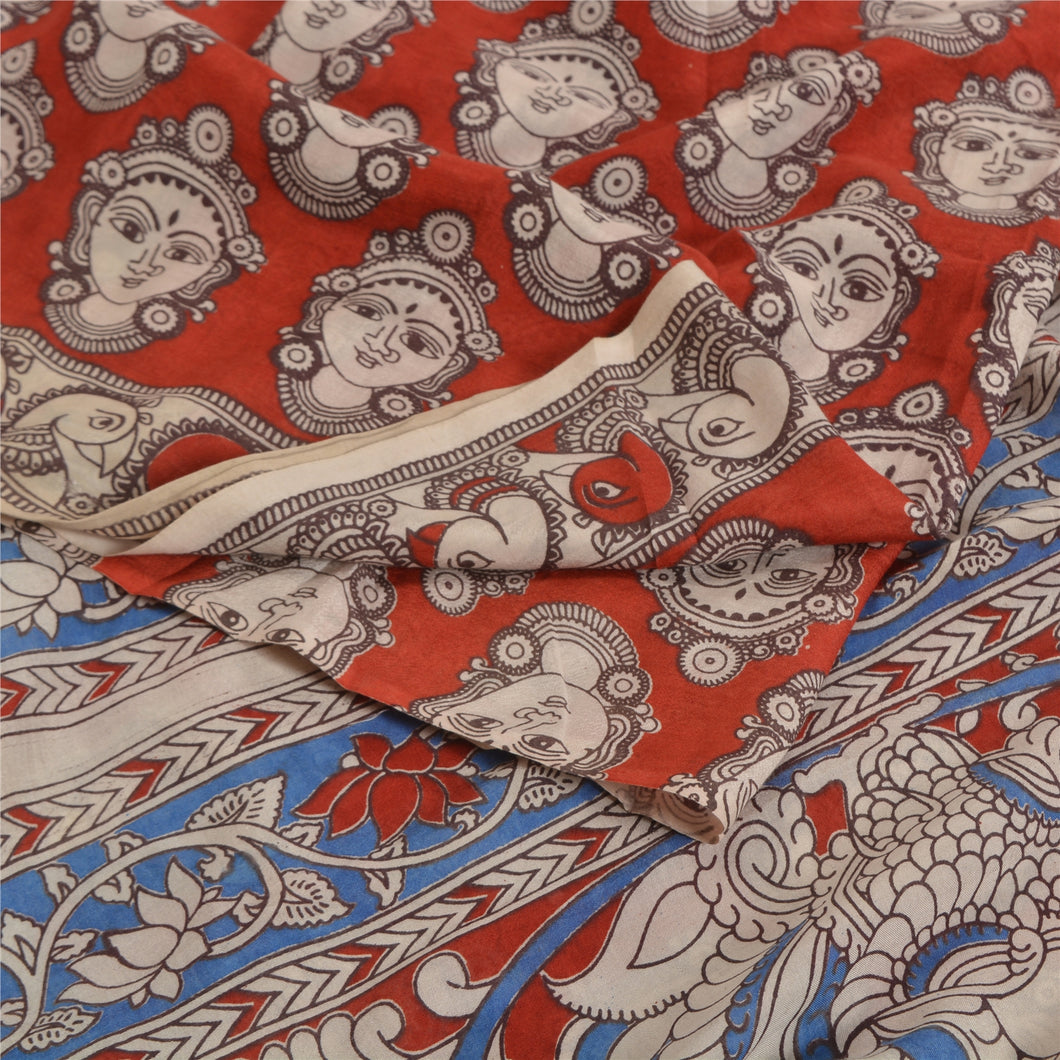 Sanskriti Vintage Sarees Red Hand Block Print Kalamkari Pure Cotton Sari Fabric