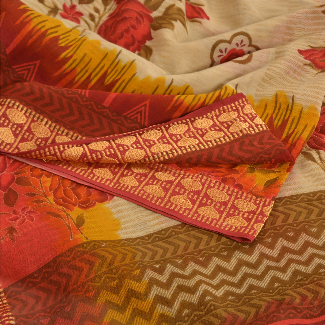 Sanskriti Vintage Sarees Cream Printed 100% Pure Cotton Sari 5yd Craft Fabric
