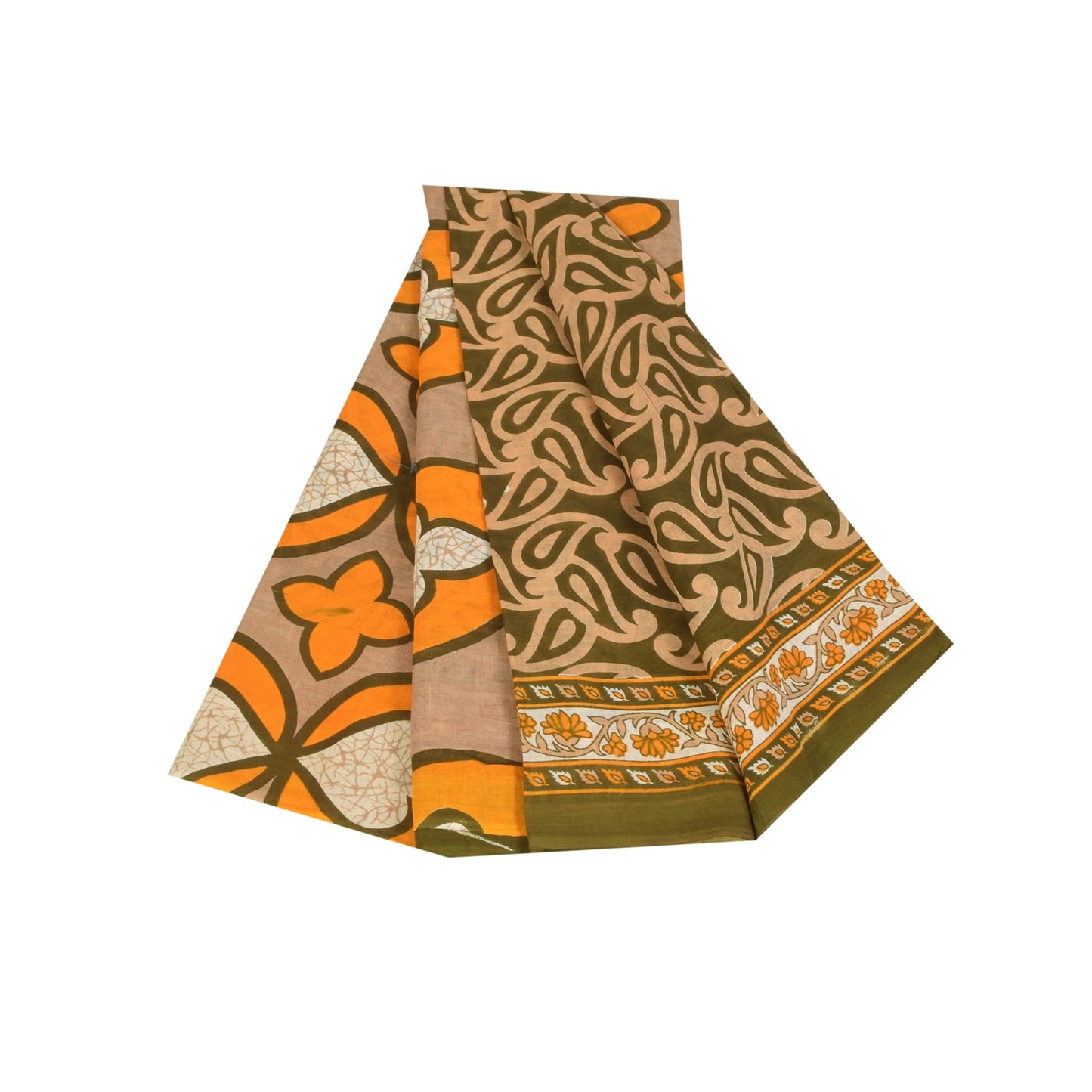 Sanskriti Vintage Sarees Green 100% Pure Cotton Printed Sari Soft Craft Fabric