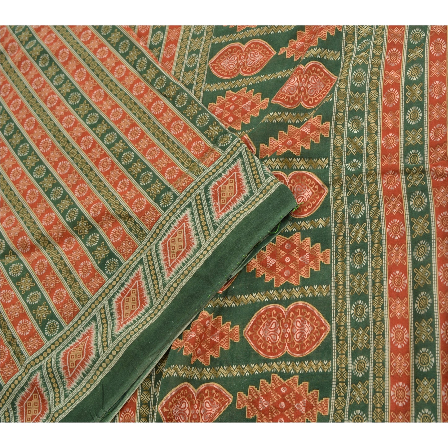 Sanskriti Vintage Sarees Green & Cream Pure Cotton Printed Sari 5yd Craft Fabric
