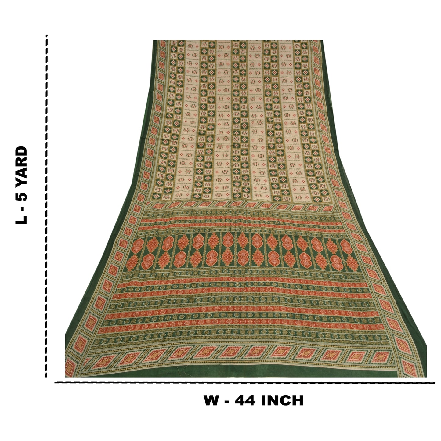 Sanskriti Vintage Sarees Green & Cream Pure Cotton Printed Sari 5yd Craft Fabric