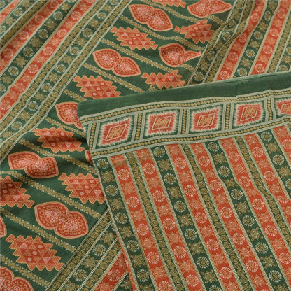Sanskriti Vintage Sarees Green & Cream Pure Cotton Printed Sari 5yd Craft Fabric