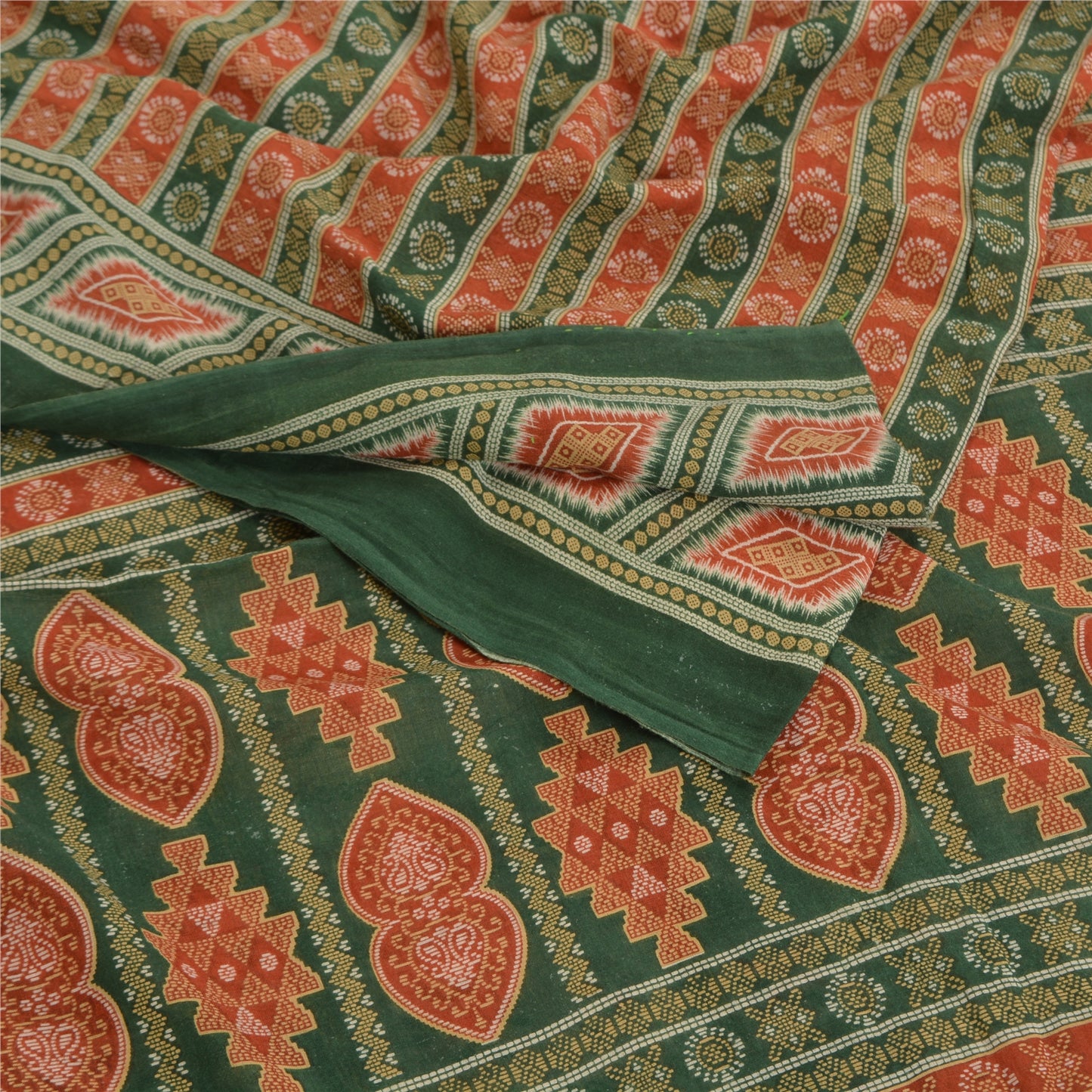 Sanskriti Vintage Sarees Green & Cream Pure Cotton Printed Sari 5yd Craft Fabric
