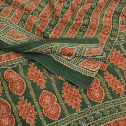 Sanskriti Vintage Sarees Green & Cream Pure Cotton Printed Sari 5yd Craft Fabric