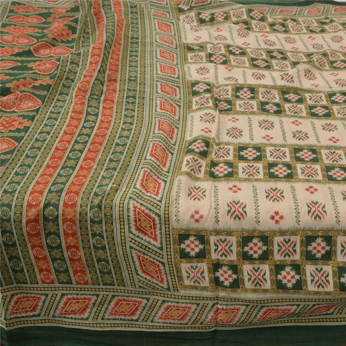 Sanskriti Vintage Sarees Green & Cream Pure Cotton Printed Sari 5yd Craft Fabric