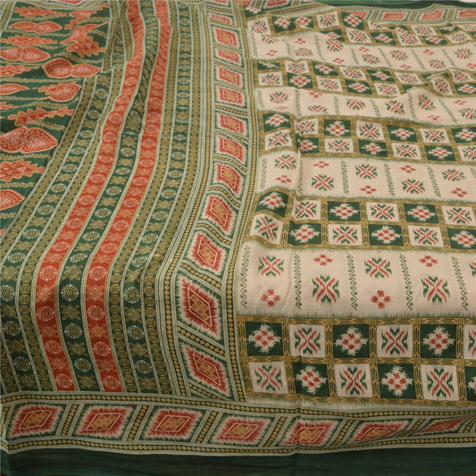 Sanskriti Vintage Sarees Green & Cream Pure Cotton Printed Sari 5yd Craft Fabric