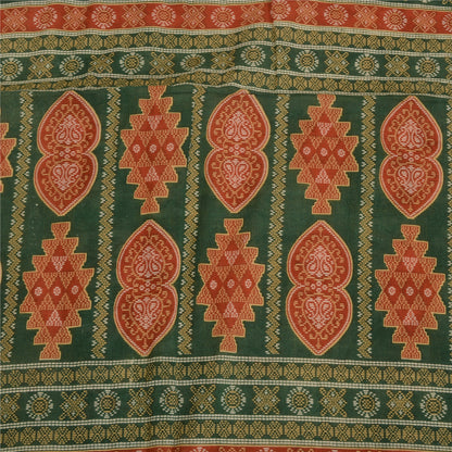Sanskriti Vintage Sarees Green & Cream Pure Cotton Printed Sari 5yd Craft Fabric