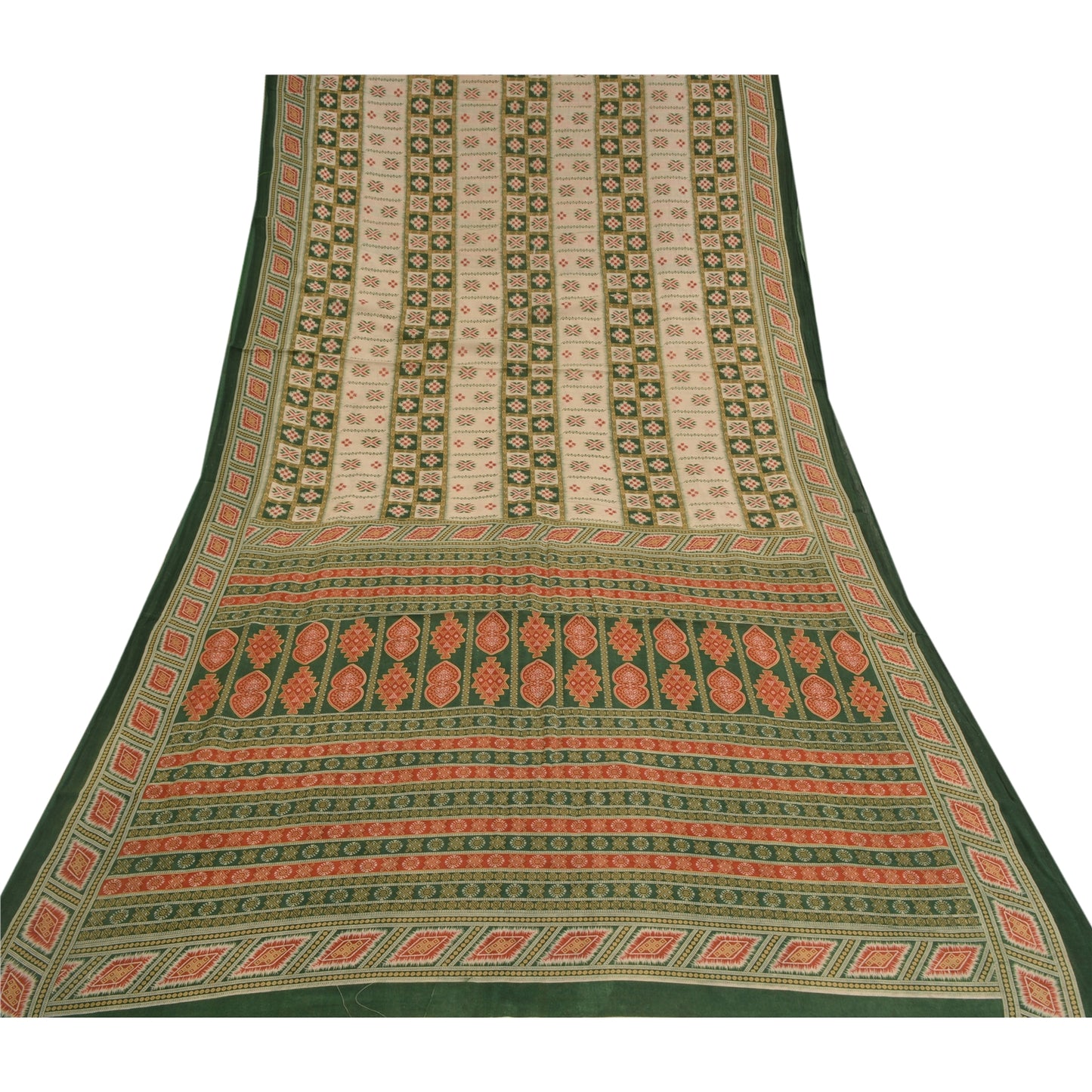 Sanskriti Vintage Sarees Green & Cream Pure Cotton Printed Sari 5yd Craft Fabric