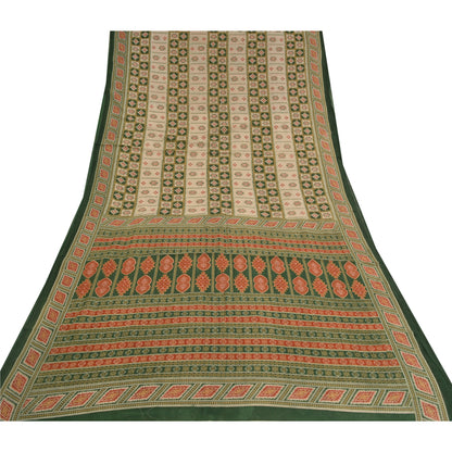 Sanskriti Vintage Sarees Green & Cream Pure Cotton Printed Sari 5yd Craft Fabric