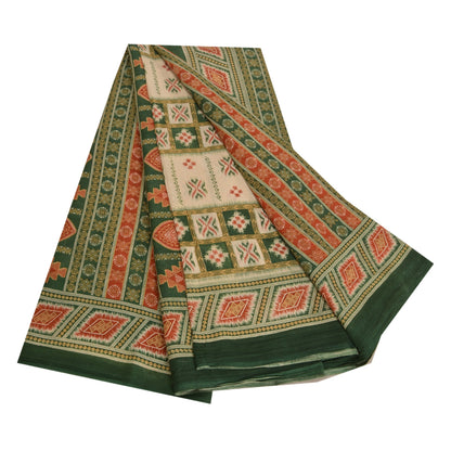 Sanskriti Vintage Sarees Green & Cream Pure Cotton Printed Sari 5yd Craft Fabric