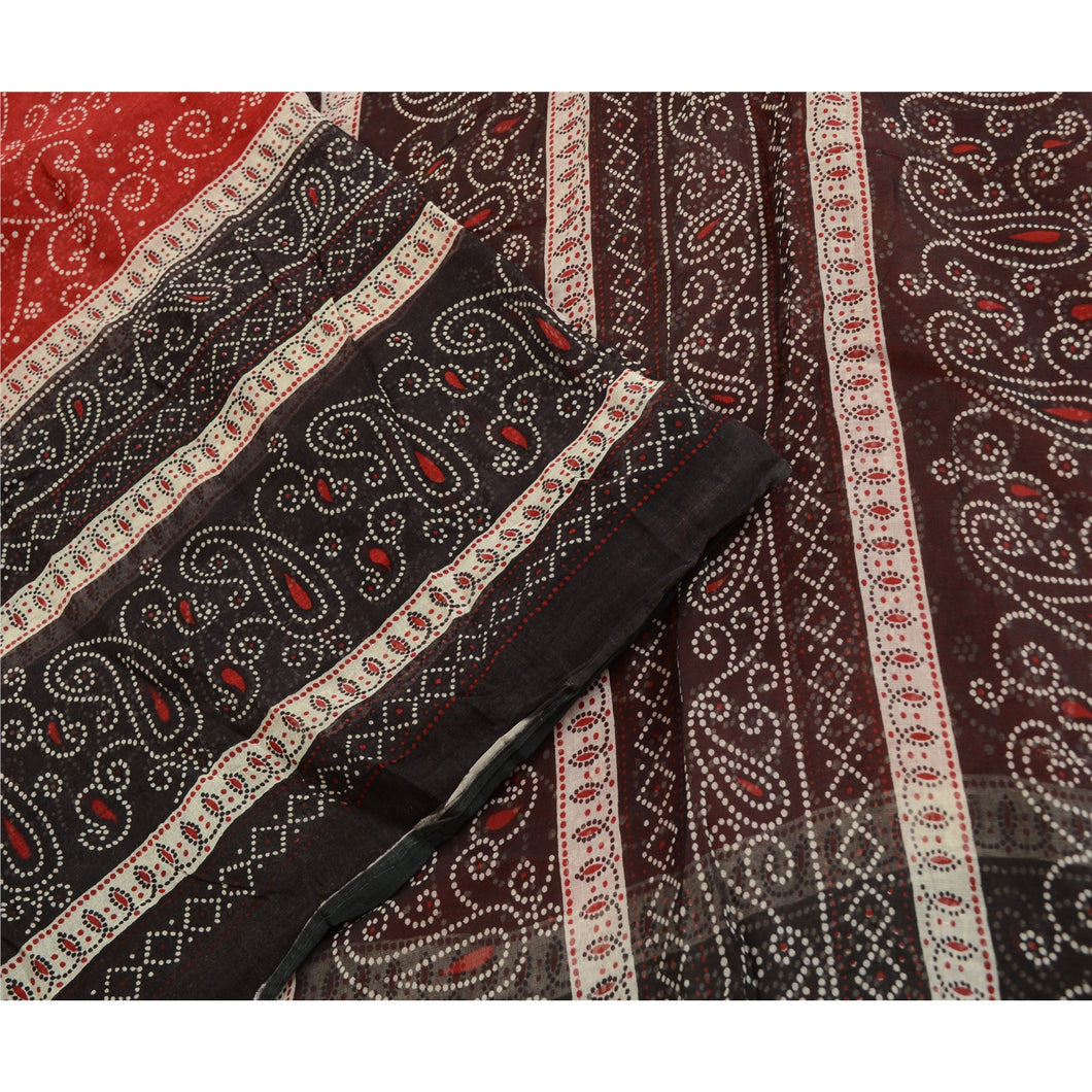 Sanskriti Vintage Sarees Indian Red/Brown Bandhani Print Pure Cotton Sari Fabric