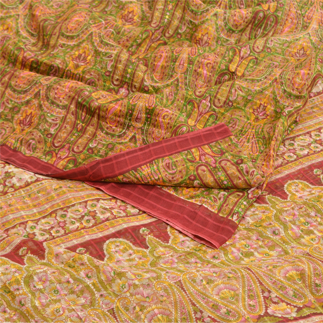 Sanskriti Vintage Sarees Green/Red Pure Cotton Printed Woven Sari Craft Fabric