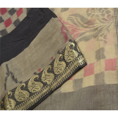 Sanskriti Vintage Sarees Gray Zari Border Ikat Printed Pure Cotton Sari Fabric