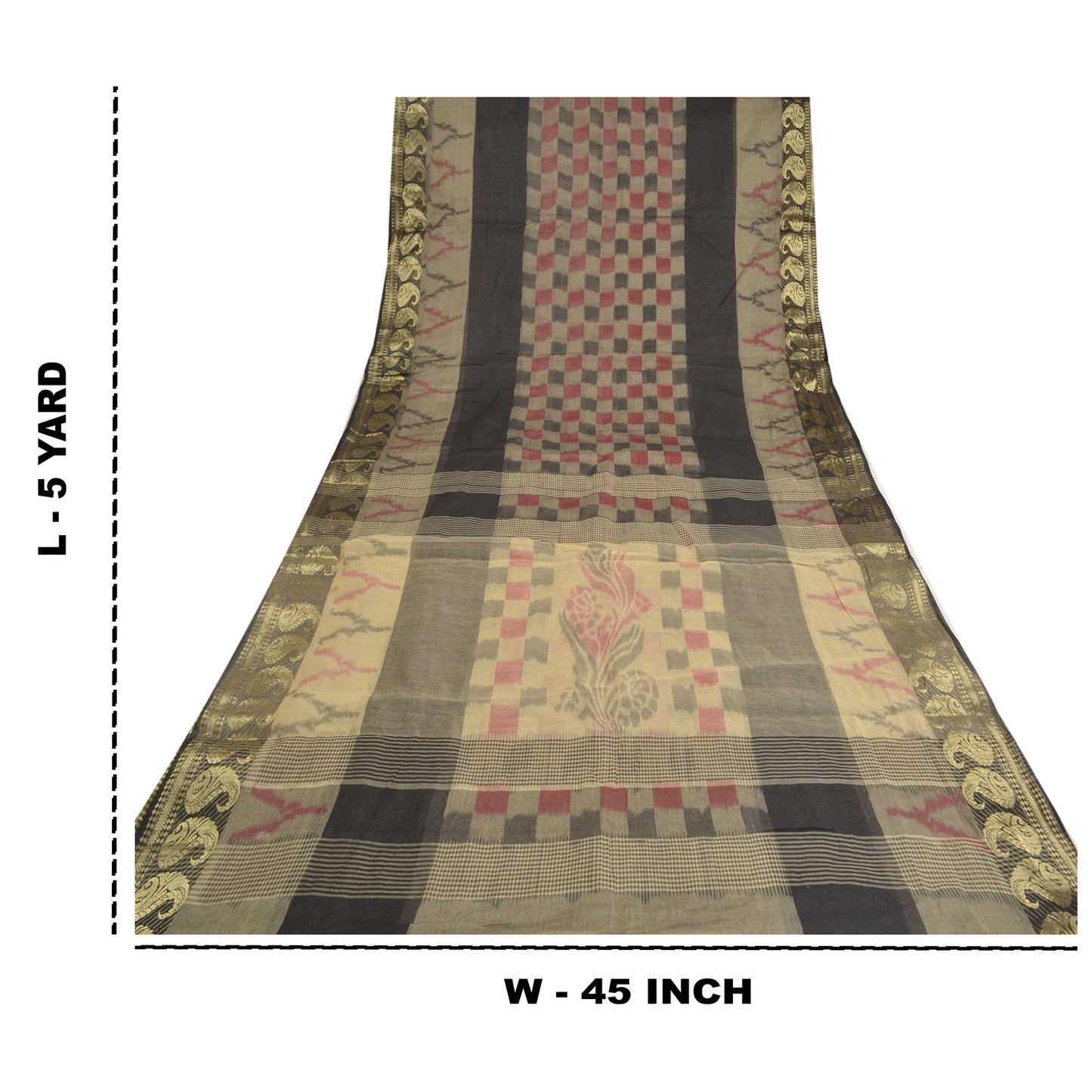 Sanskriti Vintage Sarees Gray Zari Border Ikat Printed Pure Cotton Sari Fabric