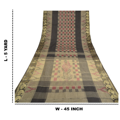 Sanskriti Vintage Sarees Gray Zari Border Ikat Printed Pure Cotton Sari Fabric
