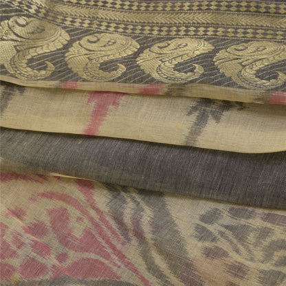 Sanskriti Vintage Sarees Gray Zari Border Ikat Printed Pure Cotton Sari Fabric