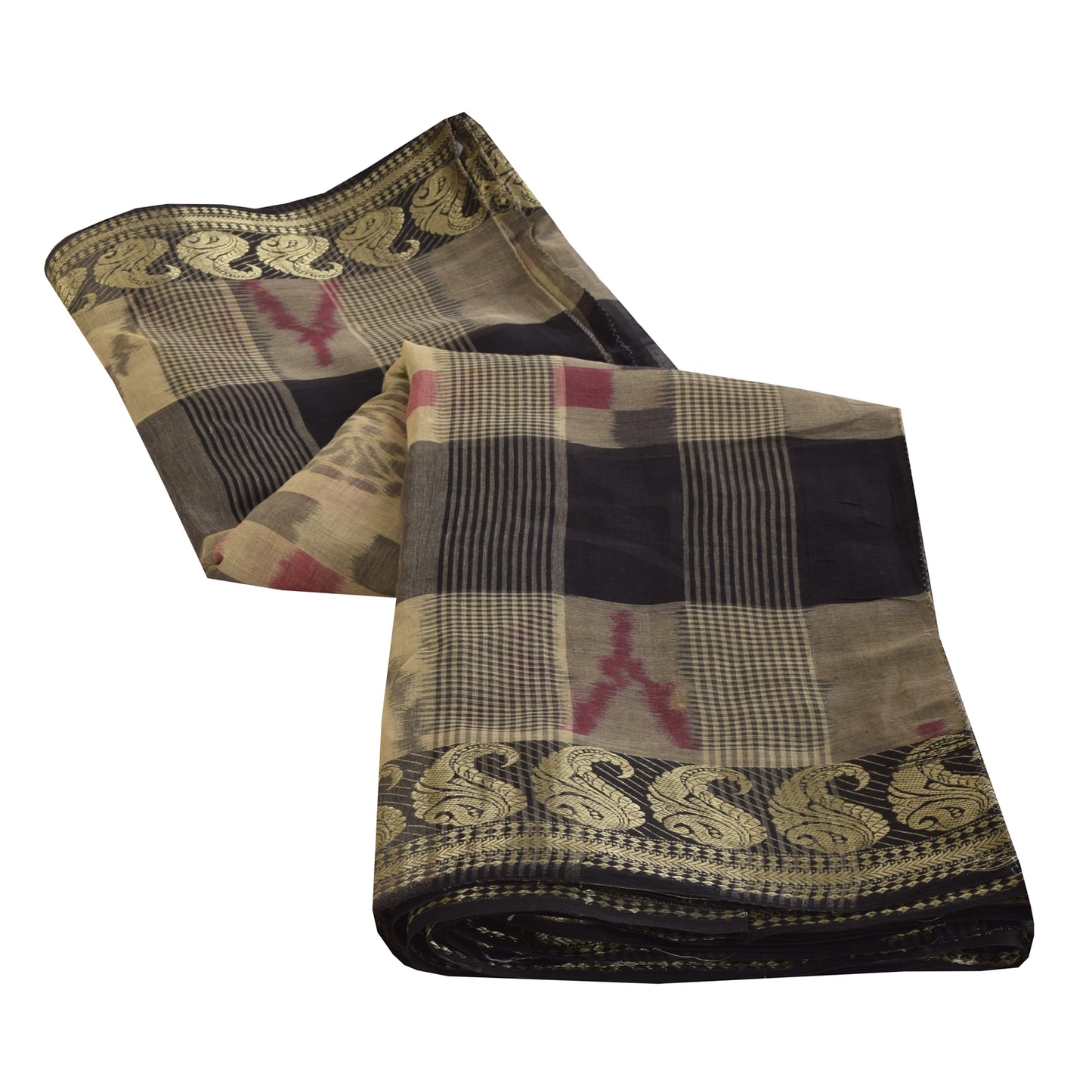 Sanskriti Vintage Sarees Gray Zari Border Ikat Printed Pure Cotton Sari Fabric