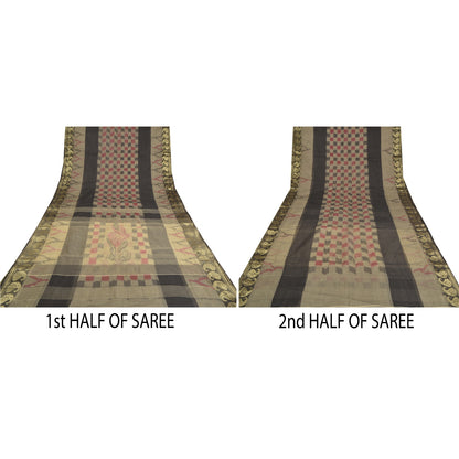 Sanskriti Vintage Sarees Gray Zari Border Ikat Printed Pure Cotton Sari Fabric