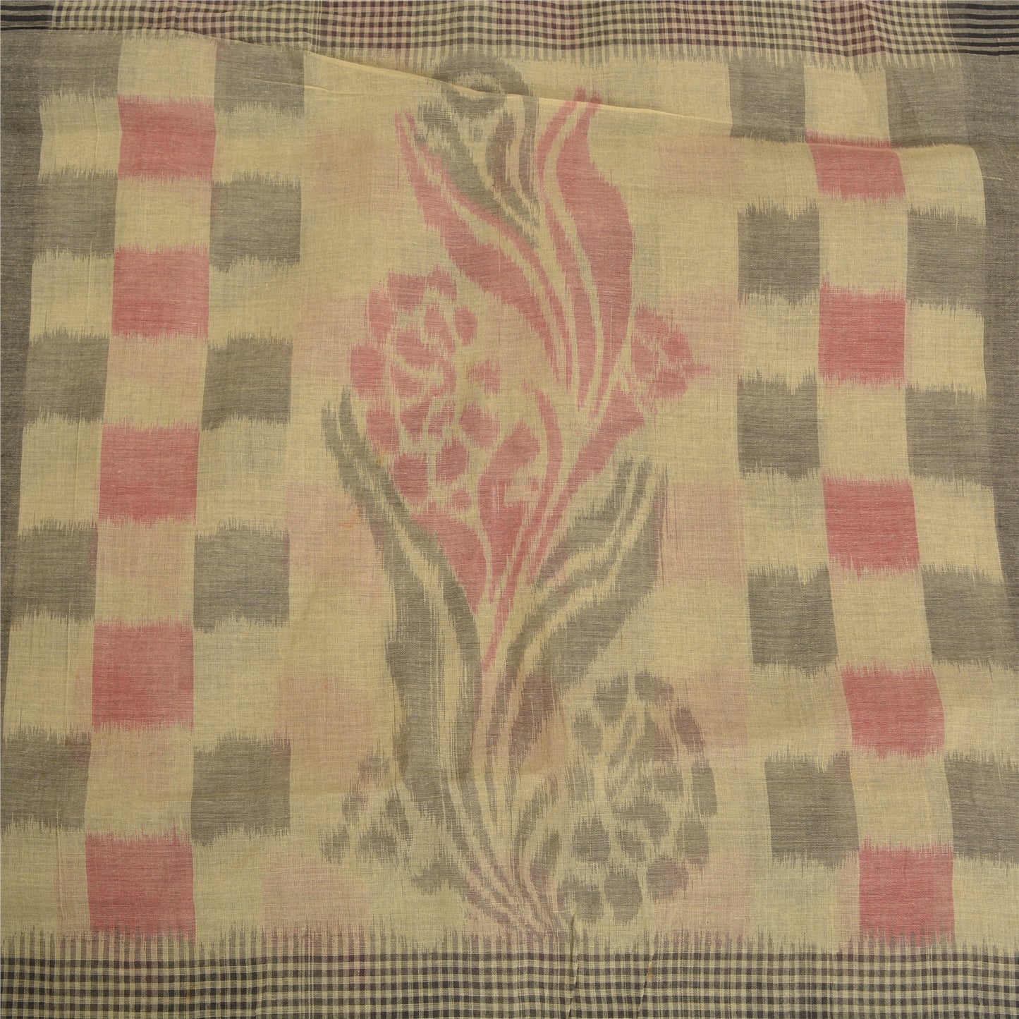 Sanskriti Vintage Sarees Gray Zari Border Ikat Printed Pure Cotton Sari Fabric