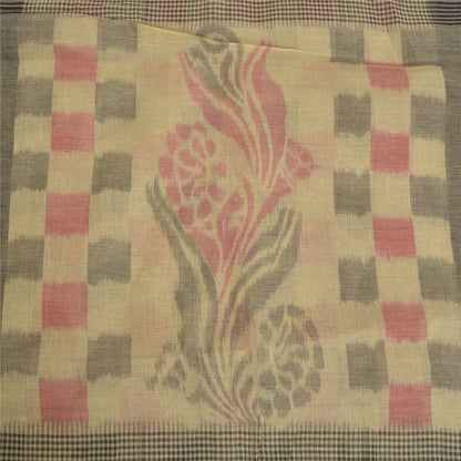 Sanskriti Vintage Sarees Gray Zari Border Ikat Printed Pure Cotton Sari Fabric