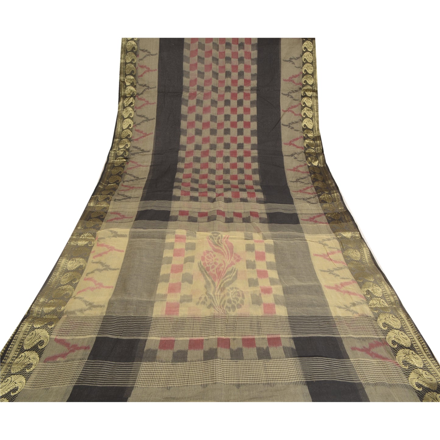 Sanskriti Vintage Sarees Gray Zari Border Ikat Printed Pure Cotton Sari Fabric