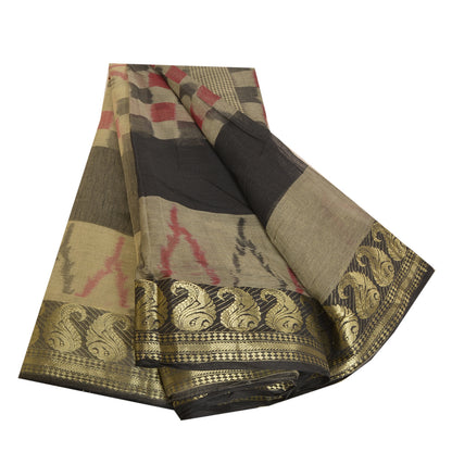 Sanskriti Vintage Sarees Gray Zari Border Ikat Printed Pure Cotton Sari Fabric