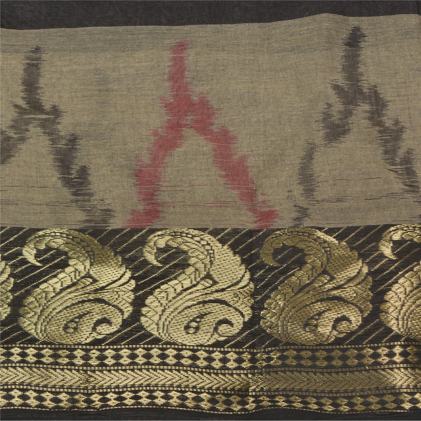 Sanskriti Vintage Sarees Gray Zari Border Ikat Printed Pure Cotton Sari Fabric