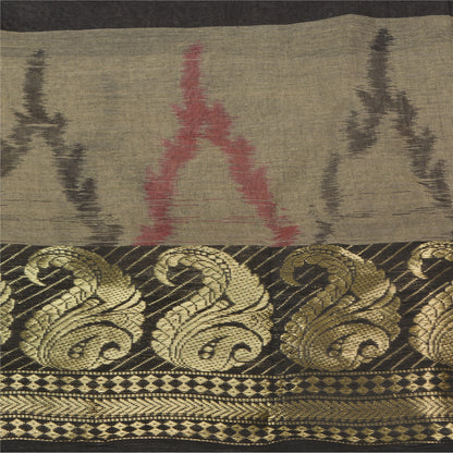 Sanskriti Vintage Sarees Gray Zari Border Ikat Printed Pure Cotton Sari Fabric