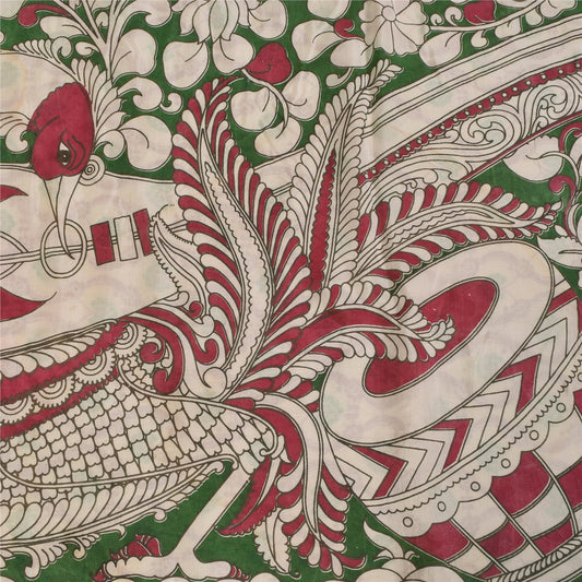 Sanskriti Vintage Sarees Ivory Handmade Kalamkari Peacock CottonSilk Sari Fabric