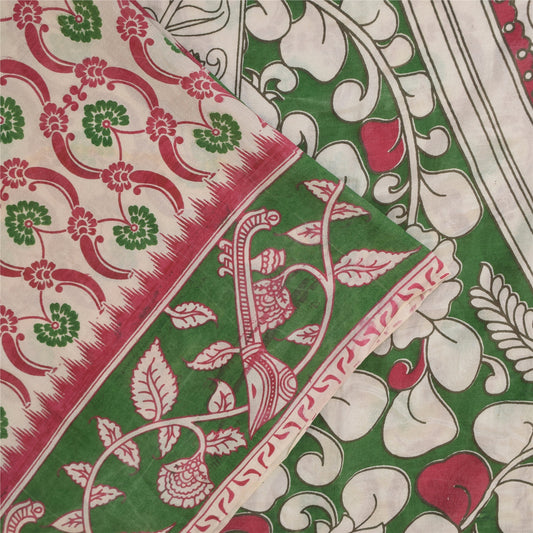 Sanskriti Vintage Sarees Ivory Handmade Kalamkari Peacock CottonSilk Sari Fabric