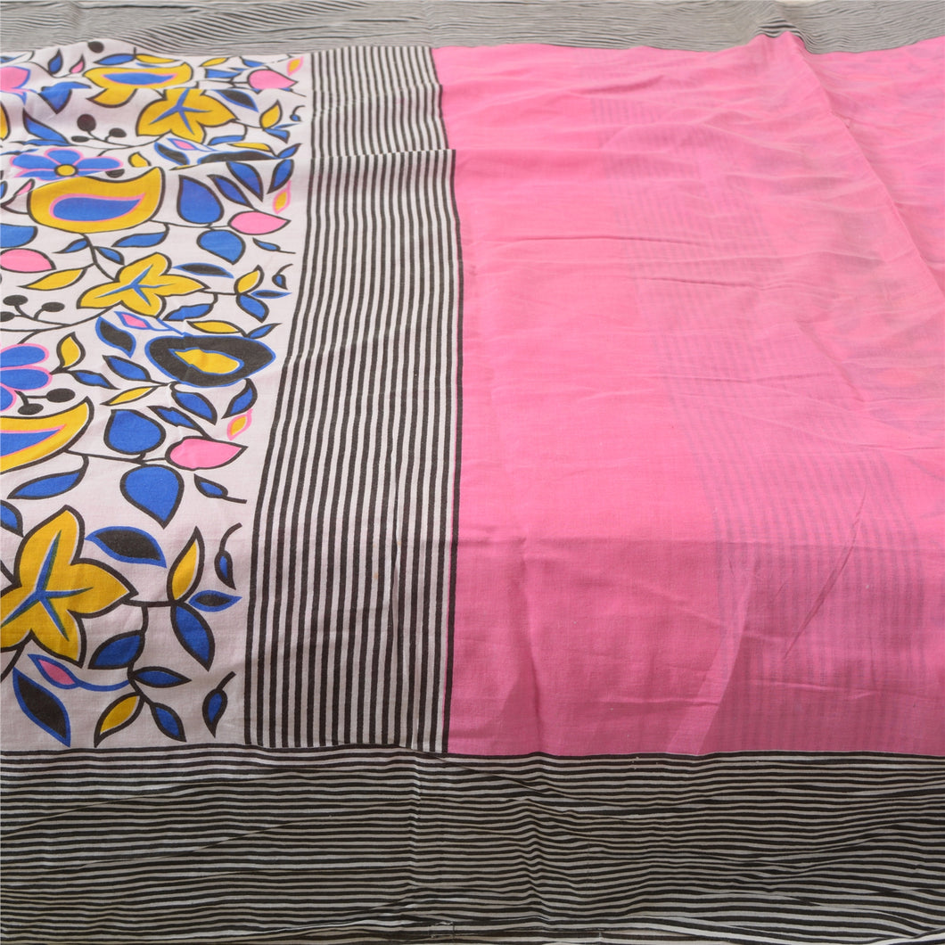 Sanskriti Vintage Sarees Pink Floral Painted Pure Cotton Sari Soft Craft Fabric