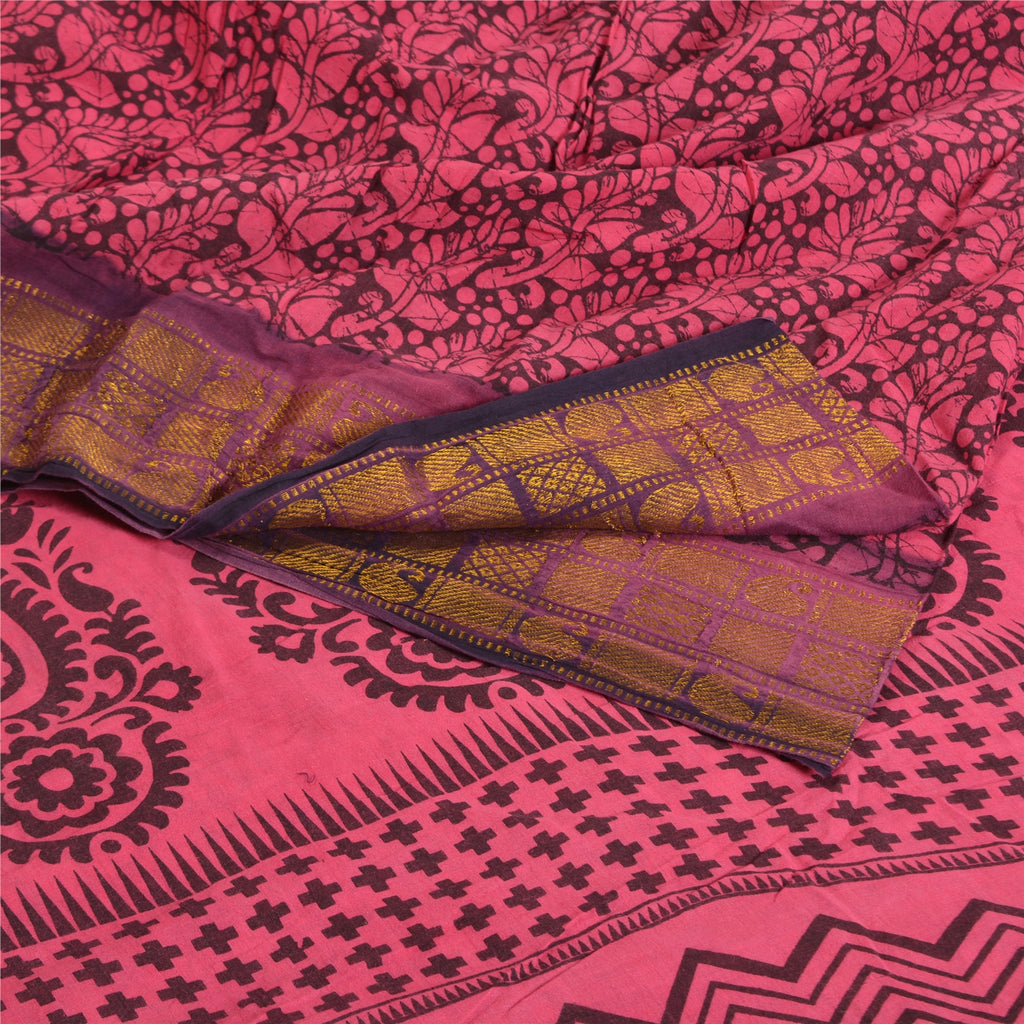 Sanskriti Vintage Sarees Pink/Black Block Print Zari Work PureCotton Sari Sustainable Fabric