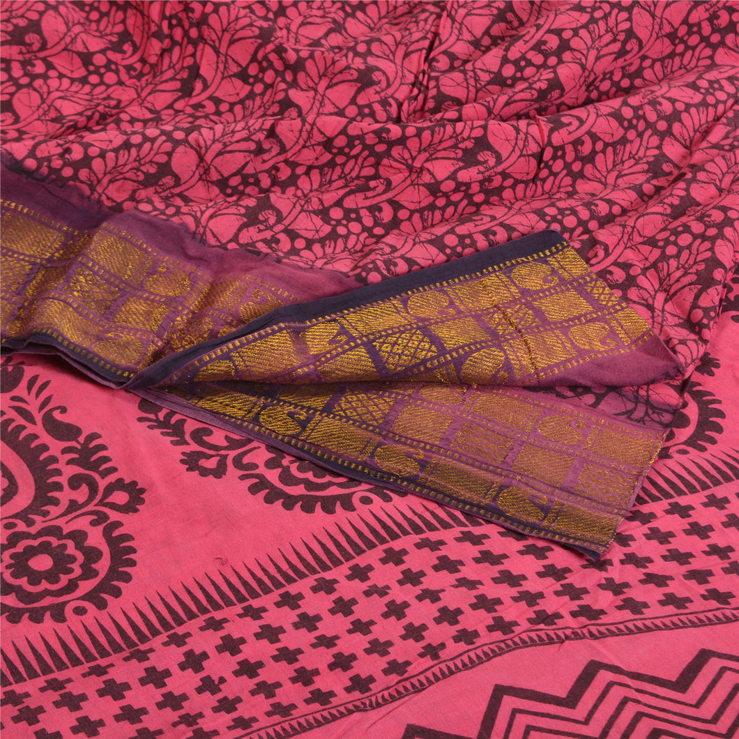 Sanskriti Vintage Sarees Pink/Black Block Print Zari Work PureCotton Sari Fabric