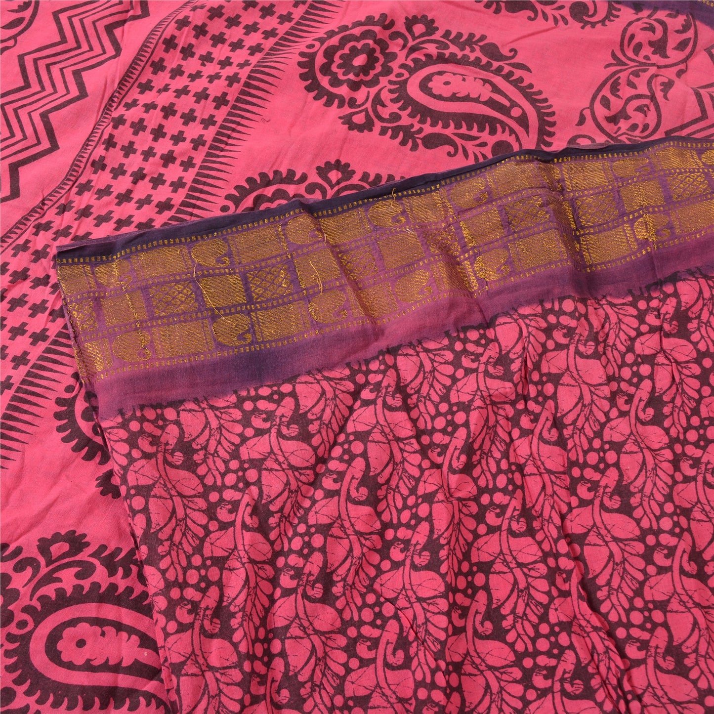Sanskriti Vintage Sarees Pink/Black Block Print Zari Work PureCotton Sari Sustainable Fabric